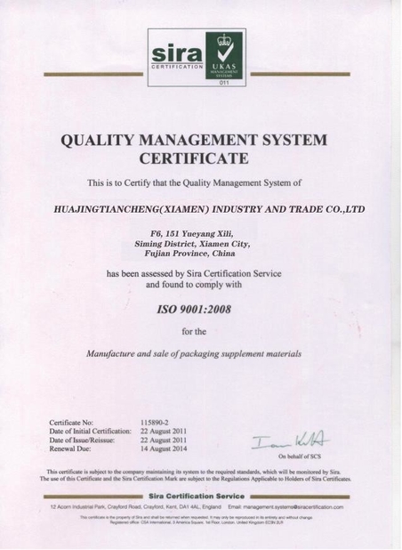 China Hjtc (Xiamen) Industry Co., Ltd Certificaciones