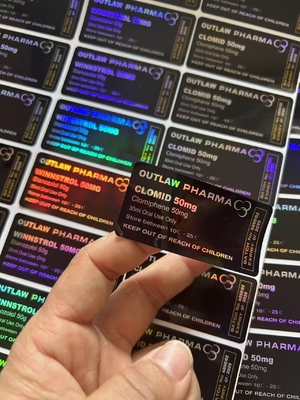 Clomid 50mg Etiquetas de botellas de plástico personalizadas Etiquetas con fondo negro Impresión de palabras con láser
