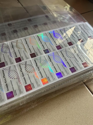 Etiquetas de frascos de vidrio resistentes al agua y duraderos para laboratorios de Testo E Nano con efecto de brillo láser y diseño personalizado