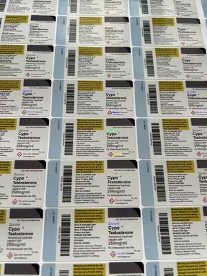 Pruebas de etiquetas de botellas de farmacia Sustan para viales de 10 ml